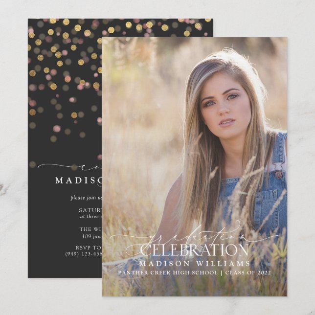 Elegant  Modern Calligraphy Photo Graduation Invitation (Front/Back)