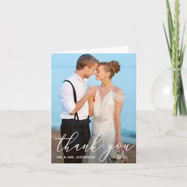 Elegant Modern Calligraphy Photo Wedding Note Thank You Card | Zazzle