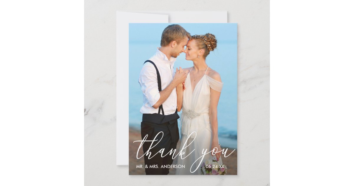 Elegant Modern Calligraphy Photo Wedding Thank You Card | Zazzle