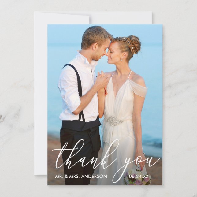 Elegant Modern Calligraphy Photo Wedding Thank You Card (Front)
