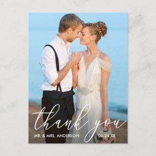 Elegant Modern Calligraphy Photo Wedding Thank You Postcard