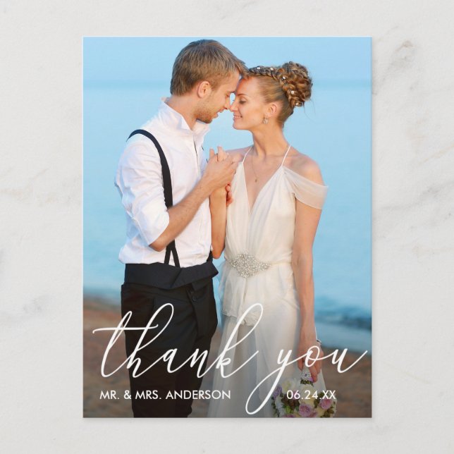 Elegant Modern Calligraphy Photo Wedding Thank You Postcard (Front)