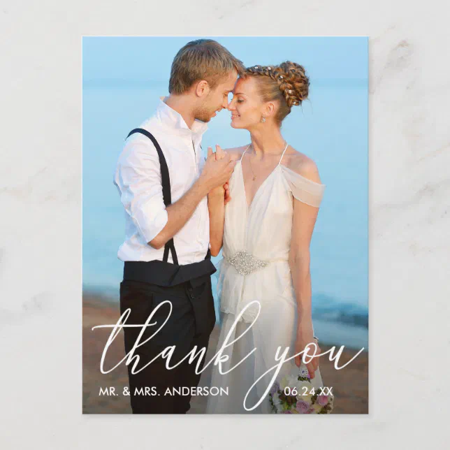Elegant Modern Calligraphy Photo Wedding Thank You Postcard | Zazzle