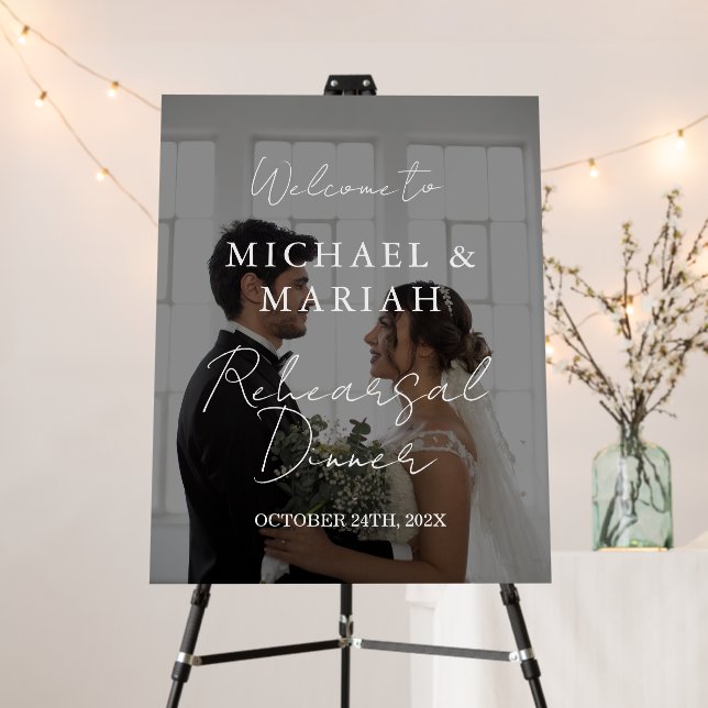 Elegant Modern Calligraphy Rehearsal Dinner Photo  Foam Board (In Situ (Stand))