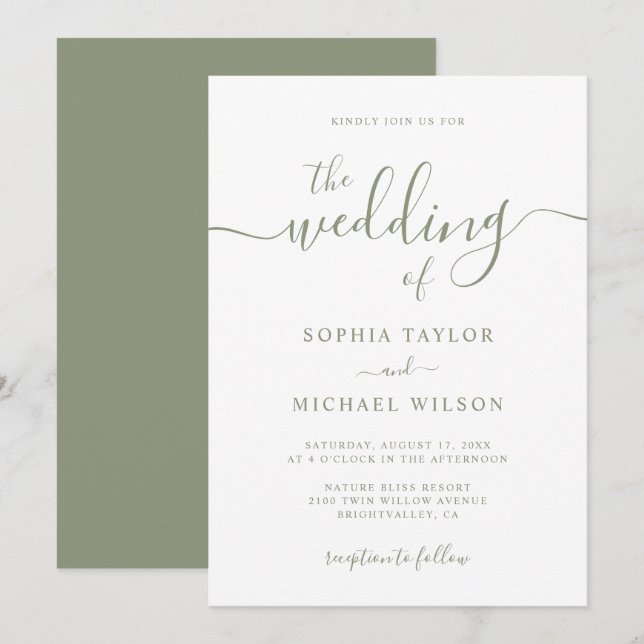 Elegant Modern Calligraphy Sage Green Wedding Invitation (Front/Back)