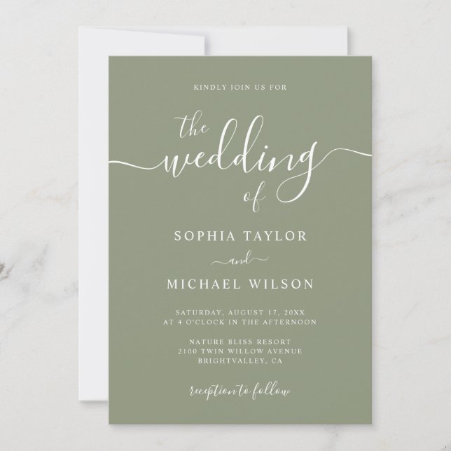 Elegant Modern Calligraphy Sage Green Wedding Invitation (Front)