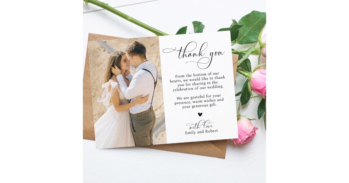 Elegant Modern Calligraphy Script 2 Photo Wedding Thank You Card | Zazzle