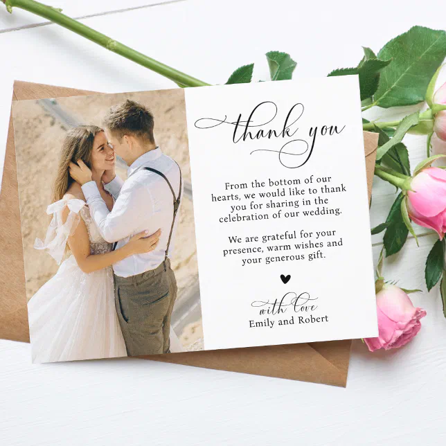 Elegant Modern Calligraphy Script 2 Photo Wedding Thank You Card | Zazzle
