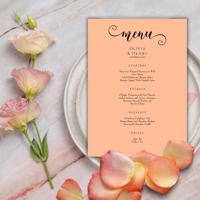 Elegant Modern Calligraphy Script Peach Wedding  Menu (Creator Uploaded)