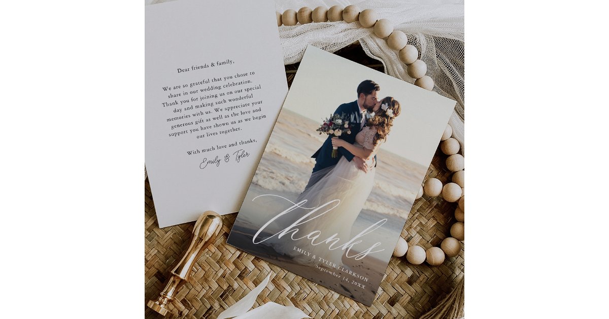 Elegant Modern Calligraphy Script Wedding Photo Thank You Card | Zazzle