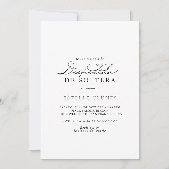 Elegant Modern Calligraphy Spanish Bridal Shower  Invitation (Front)