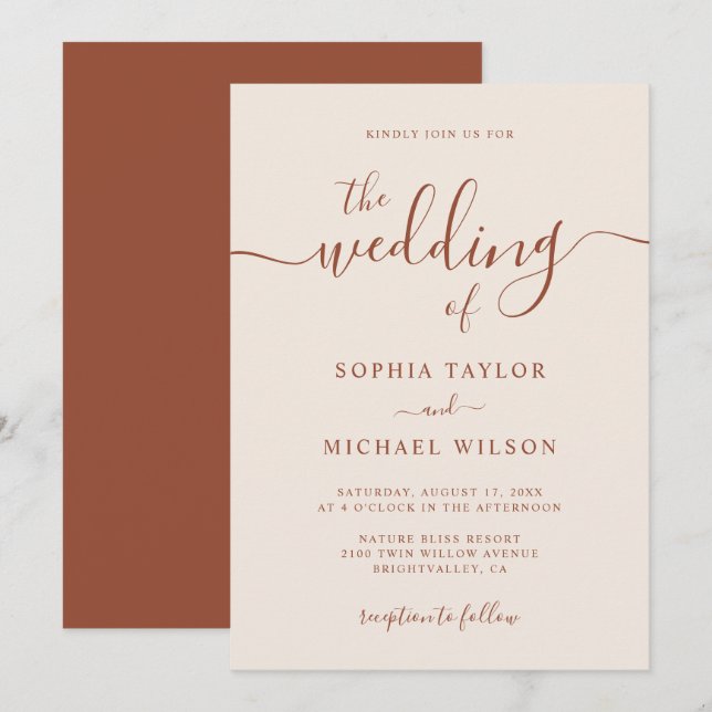 Elegant Modern Calligraphy Terracotta Wedding Invitation (Front/Back)