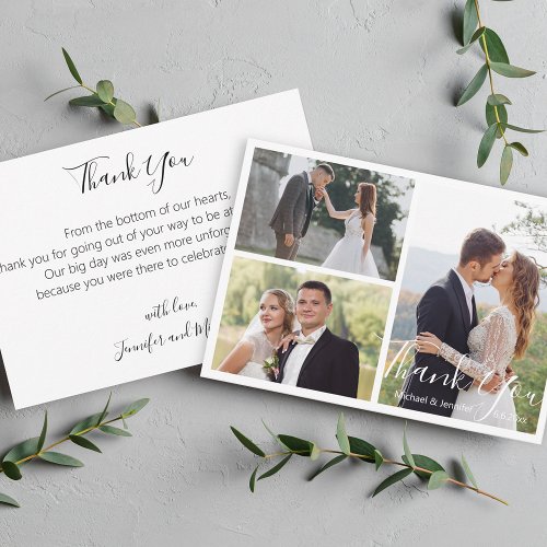 elegant  modern calligraphy wedding photo collage thank you card