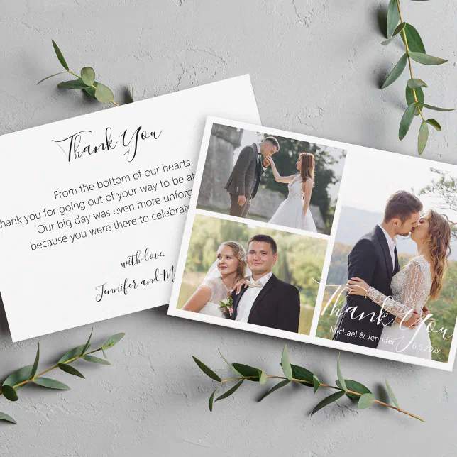 elegant modern calligraphy wedding photo collage thank you card | Zazzle