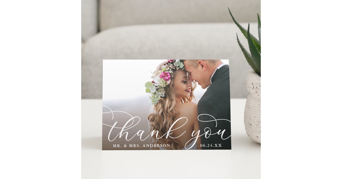 Elegant Modern Calligraphy Wedding Photo Fold Thank You Card | Zazzle