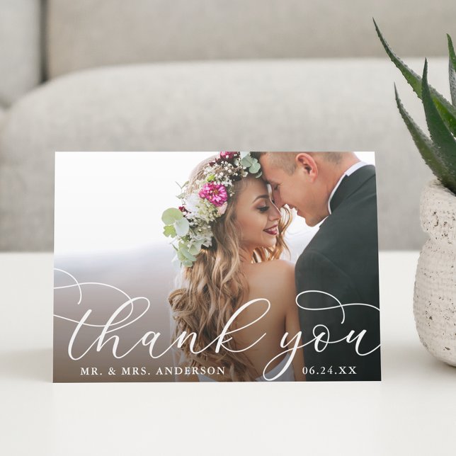 Elegant Modern Calligraphy Wedding Photo Fold Thank You Card (Customize to add text to inside of card.)