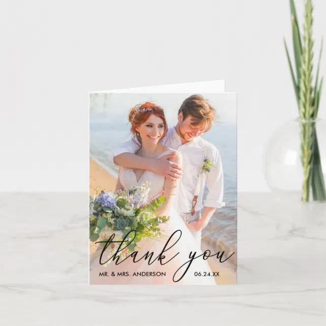 Elegant Modern Calligraphy Wedding Photo Note Thank You Card | Zazzle