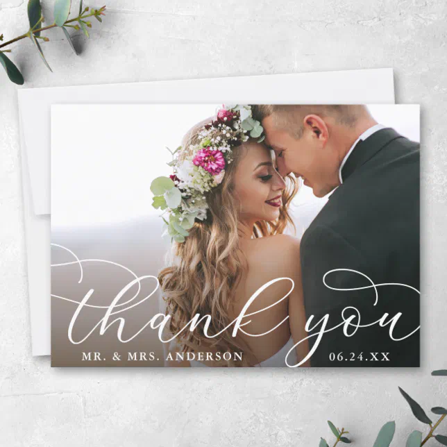 Elegant Modern Calligraphy Wedding Photo Thank You Card | Zazzle