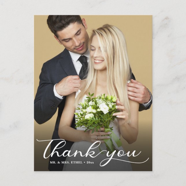 Elegant Modern Calligraphy Wedding Photo Thank You Postcard (Front)