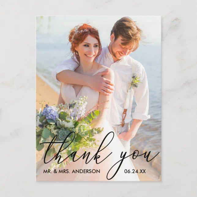 Elegant Modern Calligraphy Wedding Photo Thank You Postcard | Zazzle
