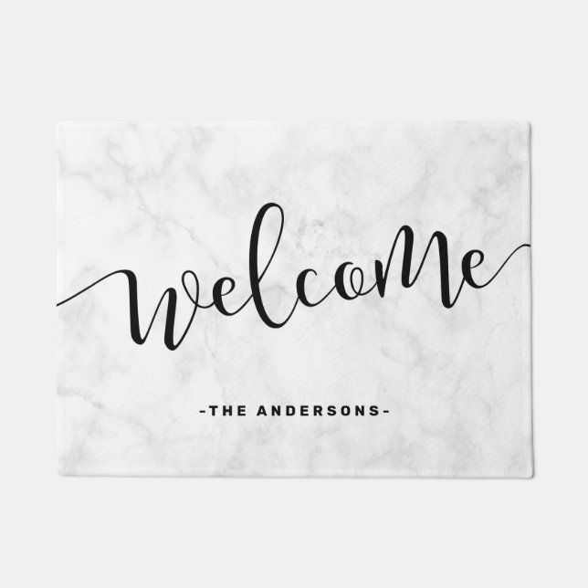 Elegant modern calligraphy white marble welcome doormat (Front)