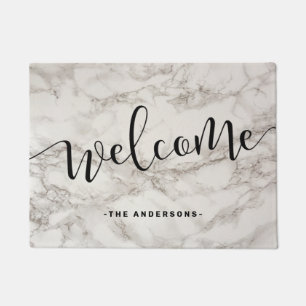 Elegant modern calligraphy white marble welcome doormat