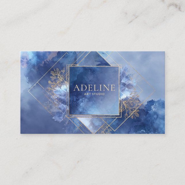 Elegant Modern Celestial Blue Gold Geometric Business Card (Front)