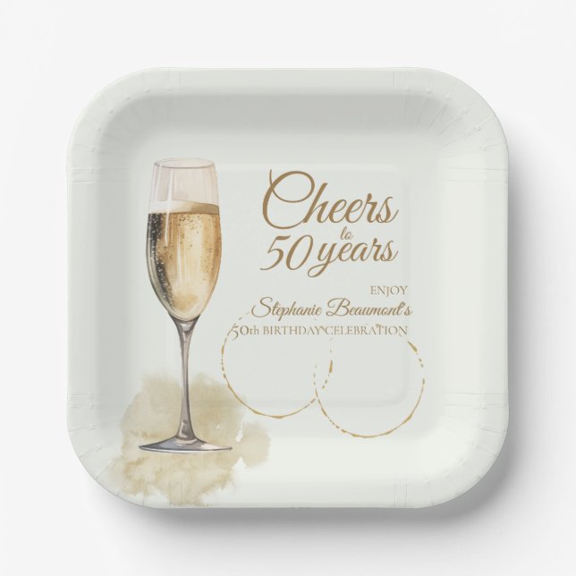 Elegant Modern Champagne Cheers 50th Birthday Paper Plates (Front)
