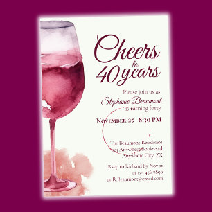 Elegant Modern Cheers Red Wine 40th Birthday Party Invitation