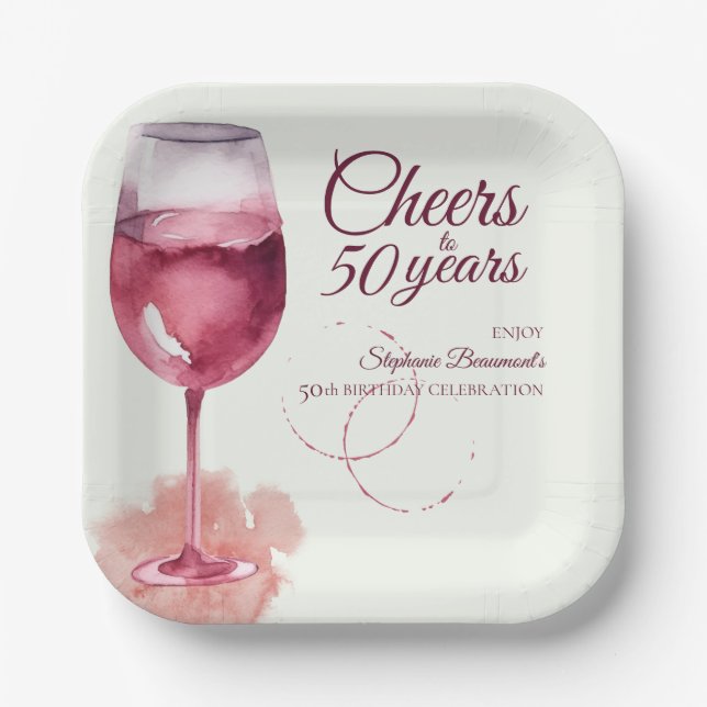 Elegant Modern Cheers Red Wine 50th Birthday Party Paper Plates (Front)