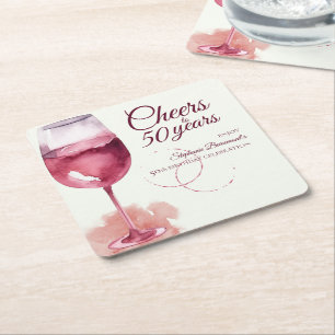Elegant Modern Cheers Red Wine 50th Birthday Party Square Paper Coaster