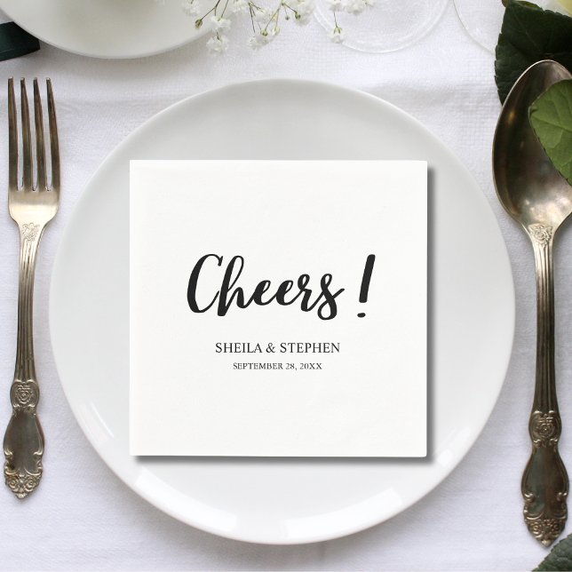 Elegant Modern Cheers Script Minimalist Wedding Napkins (Creator Uploaded)