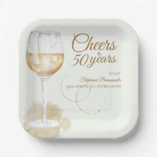 Elegant Modern Cheers White Wine 50th Birthday Paper Plates