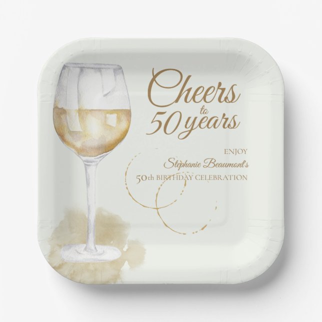 Elegant Modern Cheers White Wine 50th Birthday Paper Plates (Front)