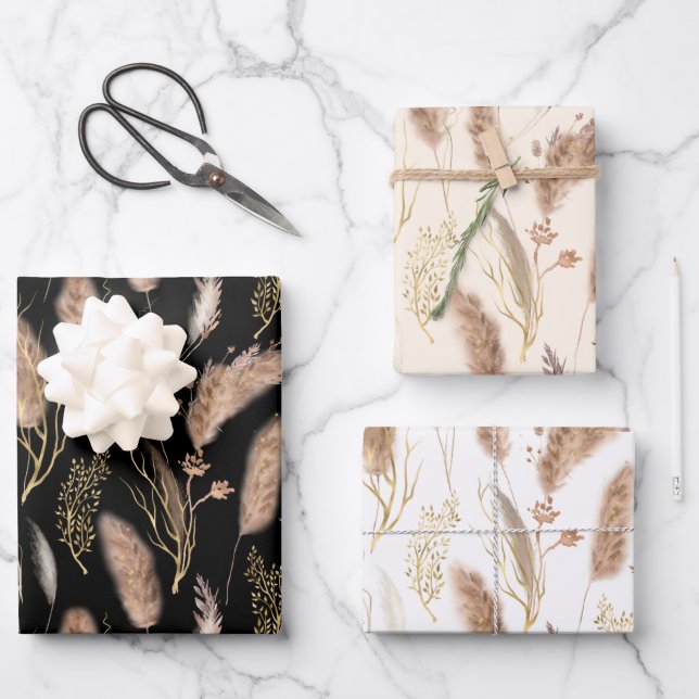 Elegant Modern Chic Beige Pampas Grass Pattern Wrapping Paper Sheets (Front)