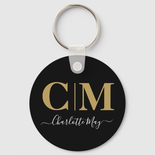 Elegant Modern Chic Black Gold Business Monogram Keychain