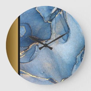 Elegant Modern Chic Blue Gold Marble Pattern  Large Clock