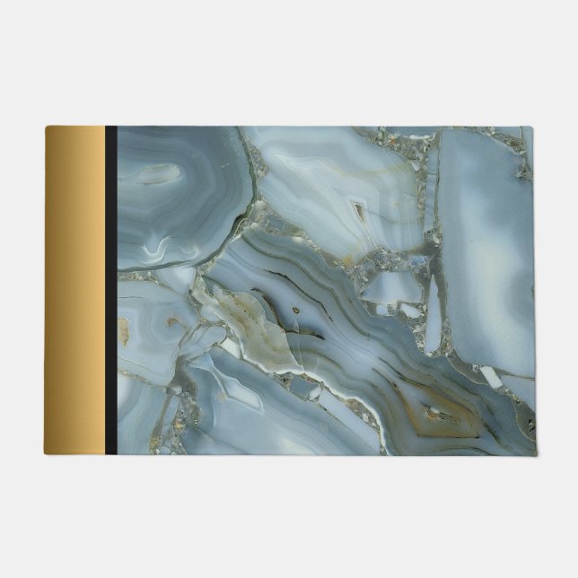 Elegant Modern Chic Blue Gray Gold Marble Pattern Doormat (Front)