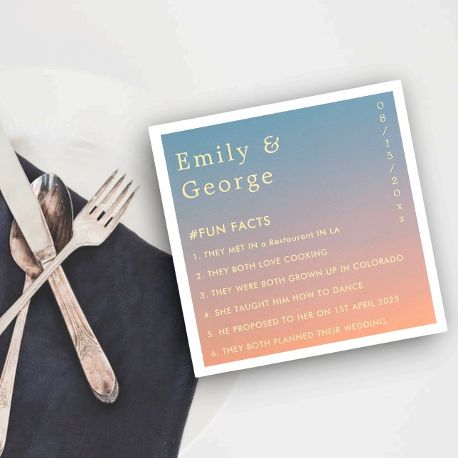 Elegant Modern Chic Blue Orange Fun Facts Wedding Napkins (Creator Uploaded)
