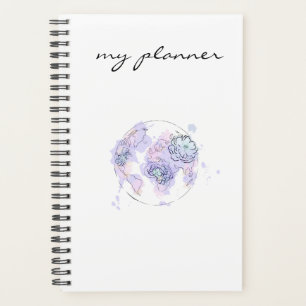 Elegant Modern Chic Blue Watercolor Globe Planner