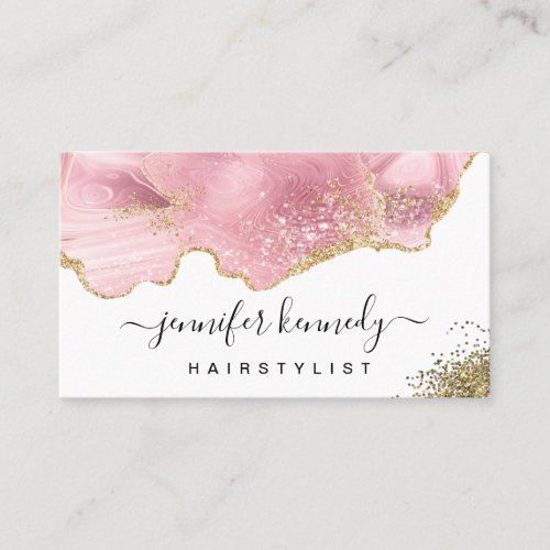 Elegant Modern Chic Gold Glitter Pink Agate Marble Business Card