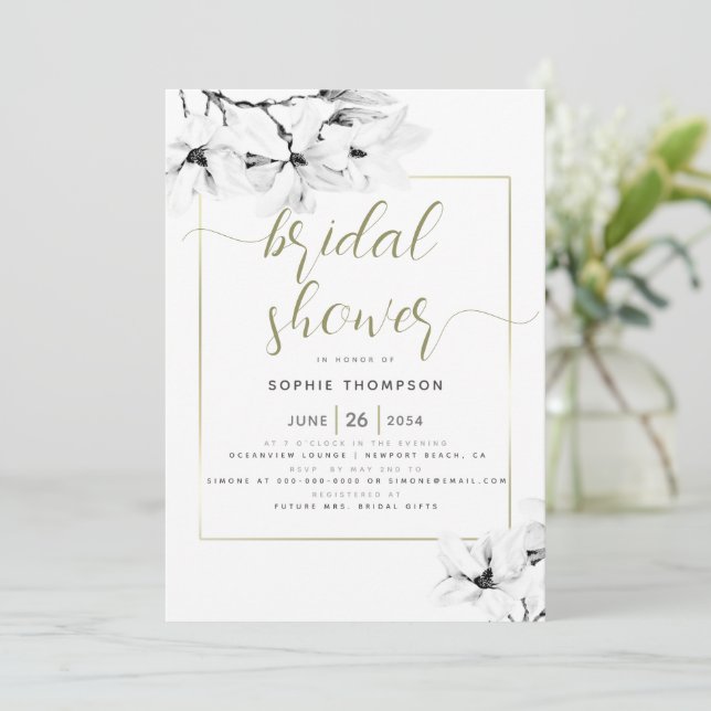 Elegant Modern Chic Magnolia Floral Bridal Shower Invitation (Standing Front)