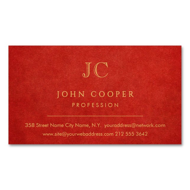 Elegant Modern Chic Red and Gold Business Card Magnet (Front)