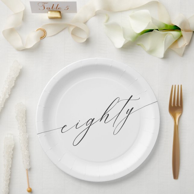 Elegant Modern Chic Script 80th Birthday Paper Plates (Wedding)