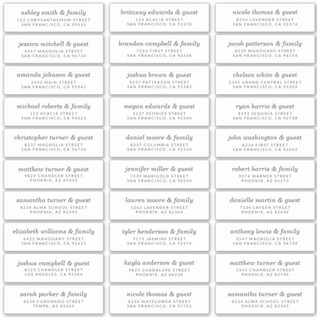 Elegant Modern Chic Wedding Guest Names Address Sticker (Front)