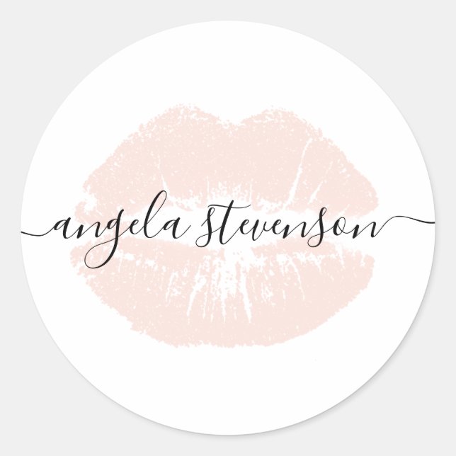 Elegant modern chick blush pink lips white classic round sticker (Front)