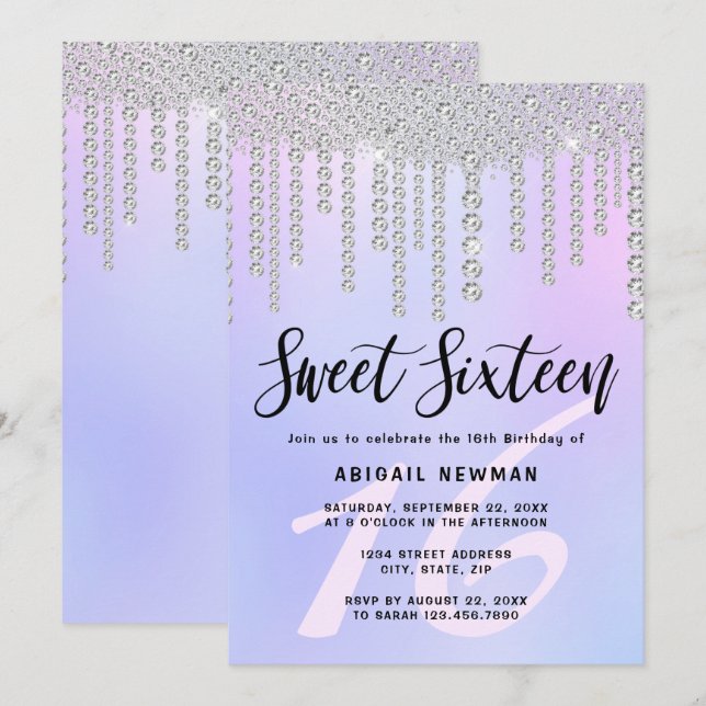 Elegant modern chick diamond drips sweet sixteen invitation (Front/Back)