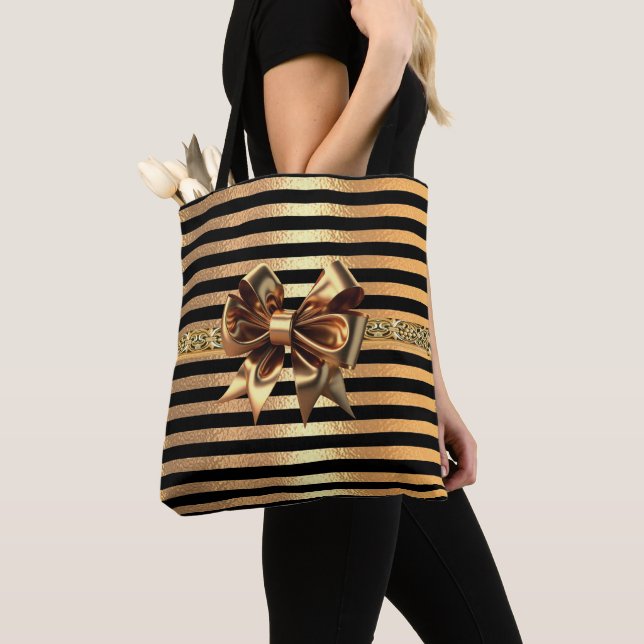 Elegant modern chick golden Black stripes Cute Bow Tote Bag (Close Up)