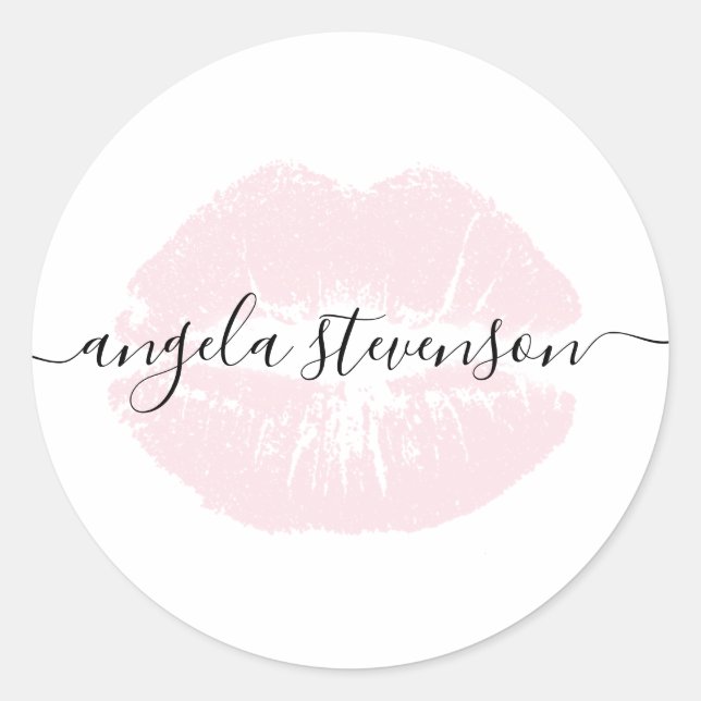 Elegant modern chick pastel pink lips white classic round sticker (Front)
