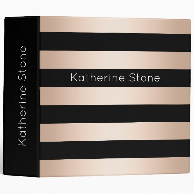 Elegant modern chick rose gold black striped 3 ring binder (Front/Spine)